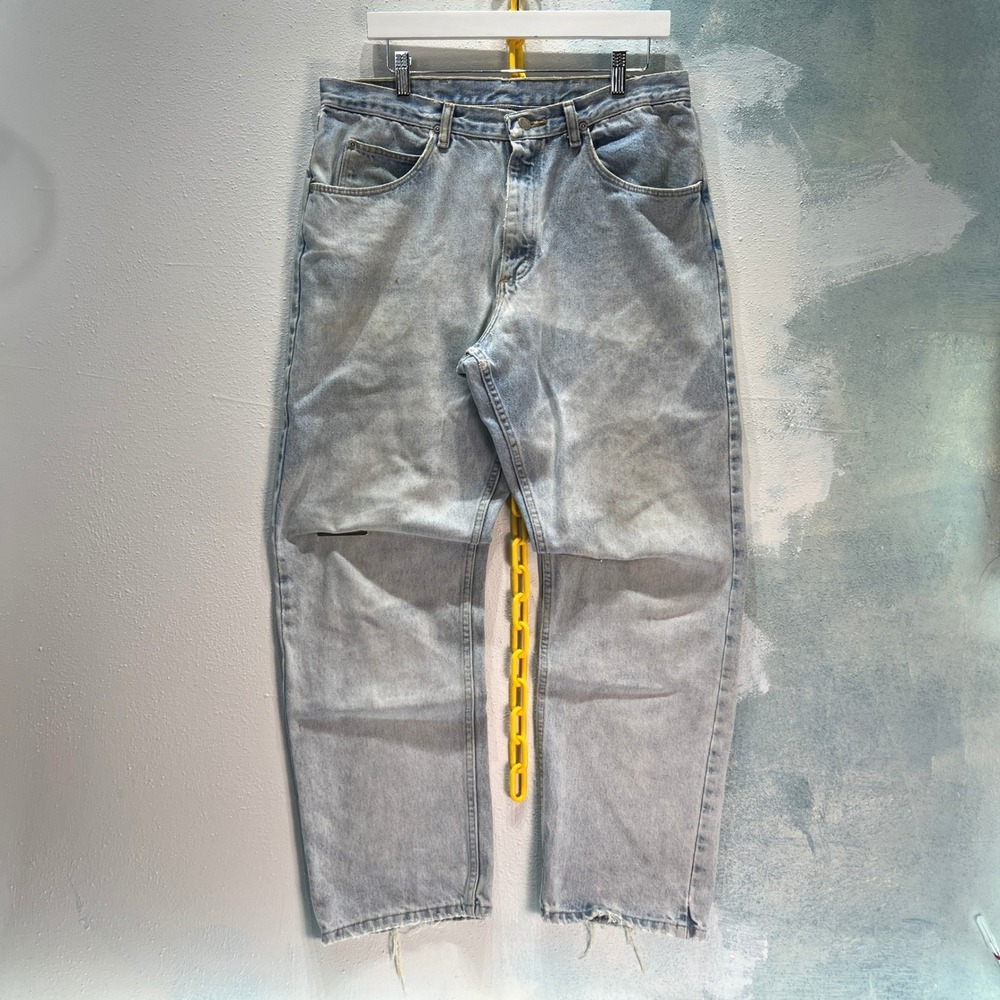 VTG Wrangler Mens Skater‎ Jeans Grunge Distressed 34x30 Relaxed Denim Blue Patch